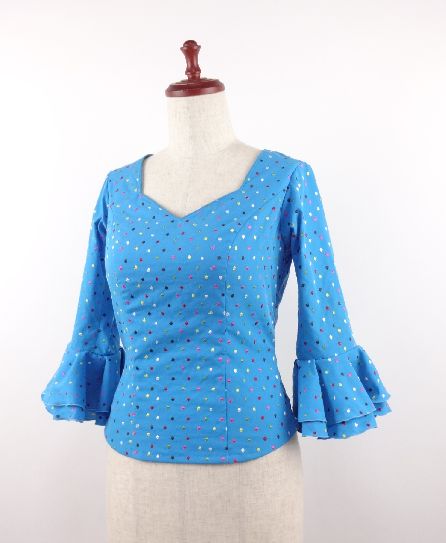★B-2　ブラウス　既製品　綿生地　水色ドット　　B93W74