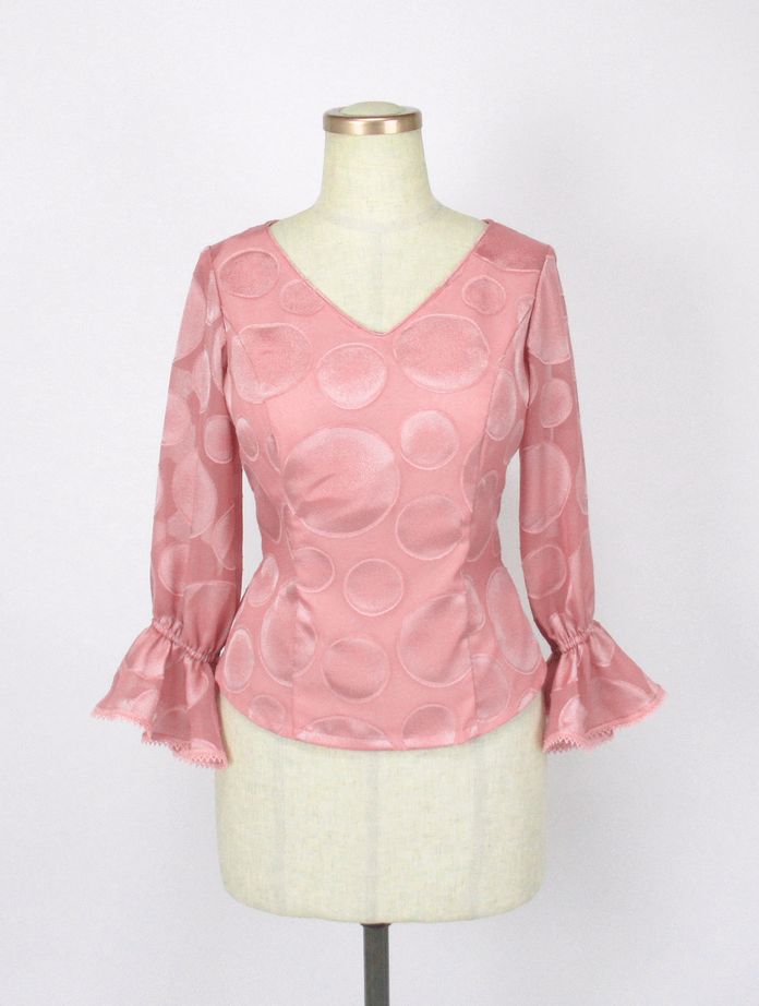 ★イージーオーダー★B-48　シフォン水玉ブラウス　７分袖１段フリル　スモーキーピンク