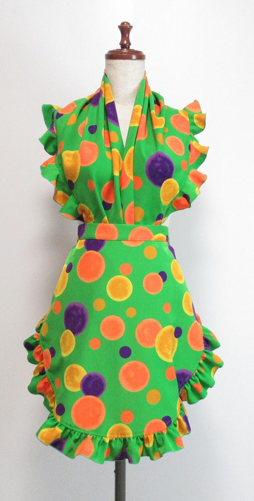 １点物★エプロン大&フリル付シージョ★黄緑×オレンジ・黄・紫水玉　EP-23