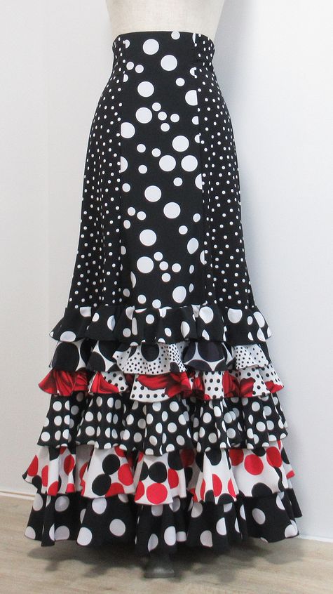 ★1点物★FH-14★　ハイウエスト6段フリルファルダ　黒×白水玉　　W69丈98