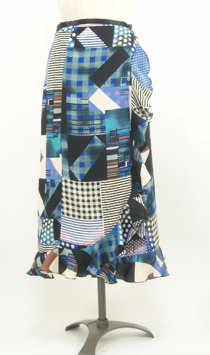 イージーオーダー★巻きスカート★FＭ-2　黒×ブルー　パッチワーク柄　フリーサイズ