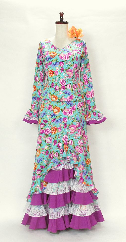 G2245　ツーピース　水色×赤紫・オレンジ・ブルー花柄　B91W72　１着オーダー可能