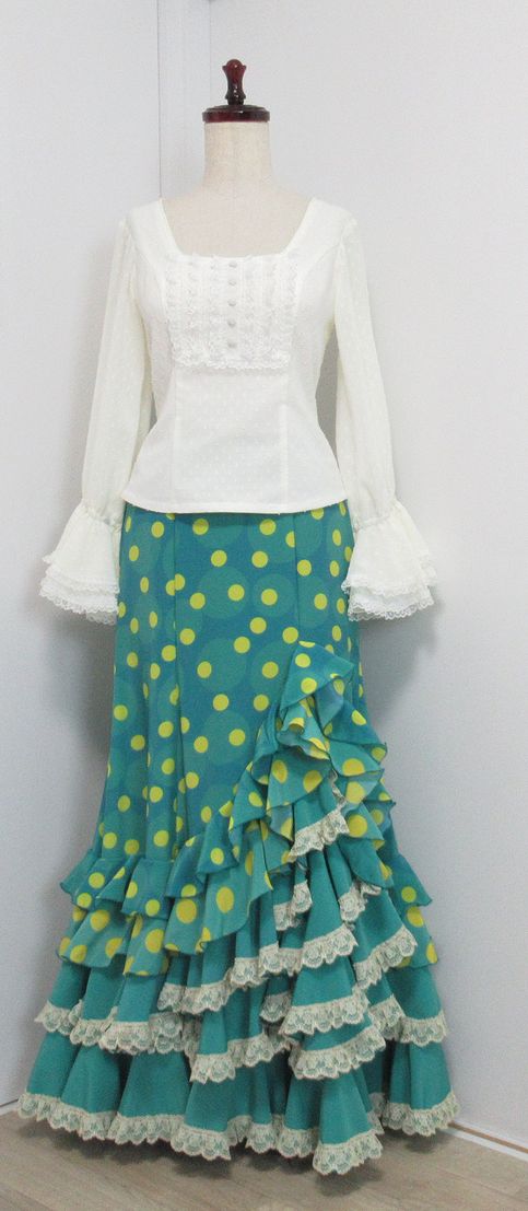 2023年作品集★M★　青緑×黄色水玉ファルダ＆ジョーゼットブラウス