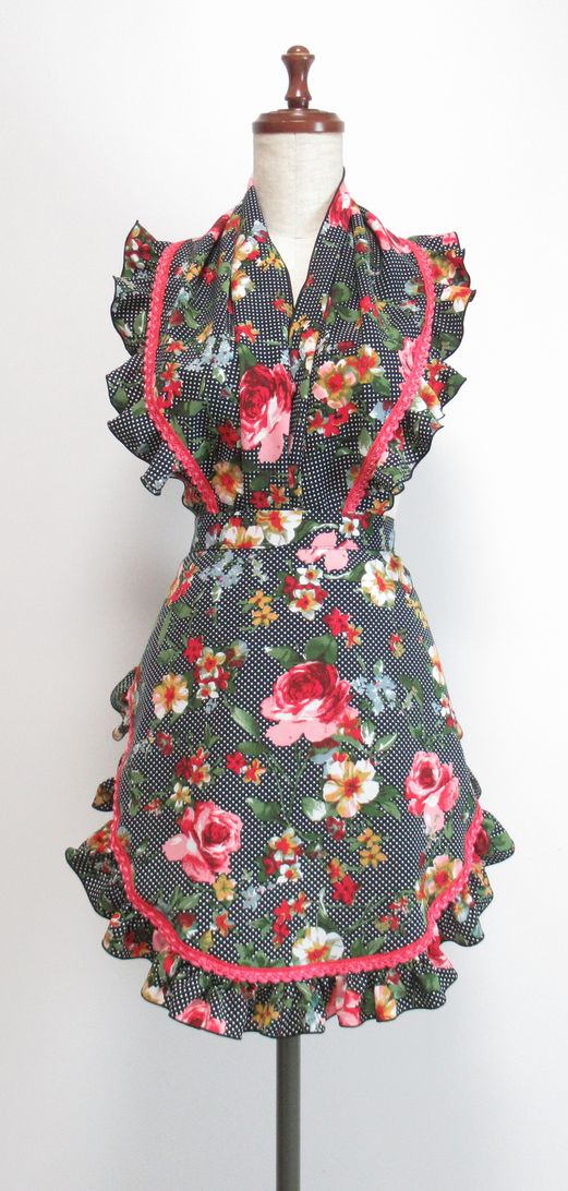 1点物★エプロン大&フリル付シージョ★黒×赤ピンク花柄 EP-21A