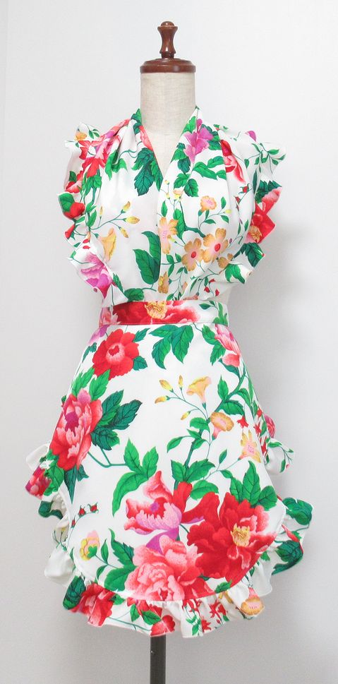 1点物★エプロン大&フリル付シージョ★白×赤ピンク花柄 EP-24