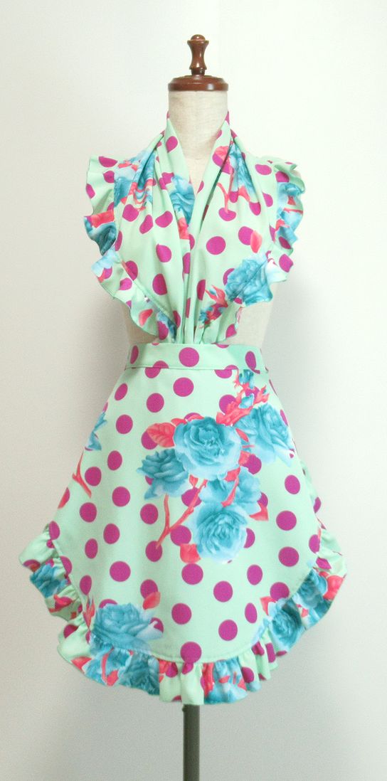 1点物★エプロン大&フリル付シージョ★ミントグリーン×赤紫水玉・青緑花柄 EP-25