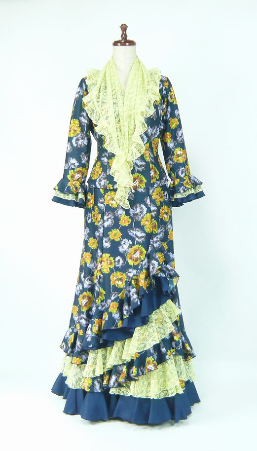 【美品 フラメンコ衣装】ブラック×バラ柄 EMU MOA BRAND ドレス フラメンコ衣装 ワンピース 花柄レース アメリカンスリーブ 花柄