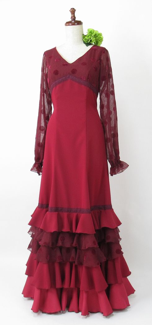 作品集★G2201★　エンジ色ラメ入りシフォン水玉＆無地　ワンピース