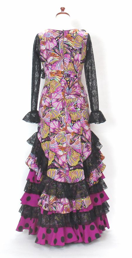 フラメンコ衣装 黒紫バタフライ柄 ツーピース