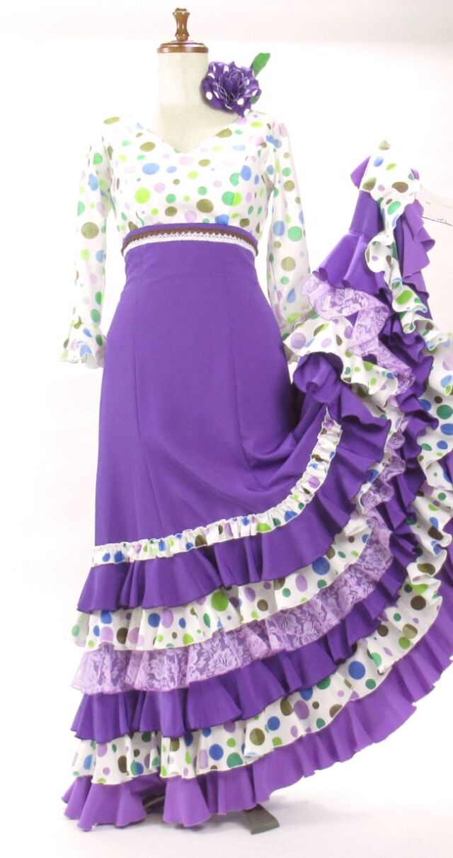 フラメンコ衣装 ツーピース 紫 白水玉 