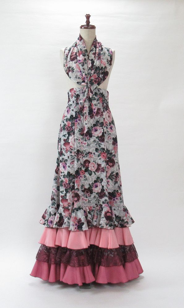 フラメンコ衣装 ハイウエストツーピース ライトグレー×ボルドー