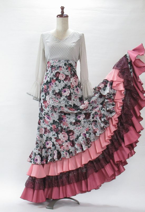 フラメンコ衣装 ハイウエストツーピース ライトグレー×ボルドー