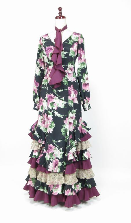 ハイウエスト切替 黒 レース ワンピース フラメンコ 発表会