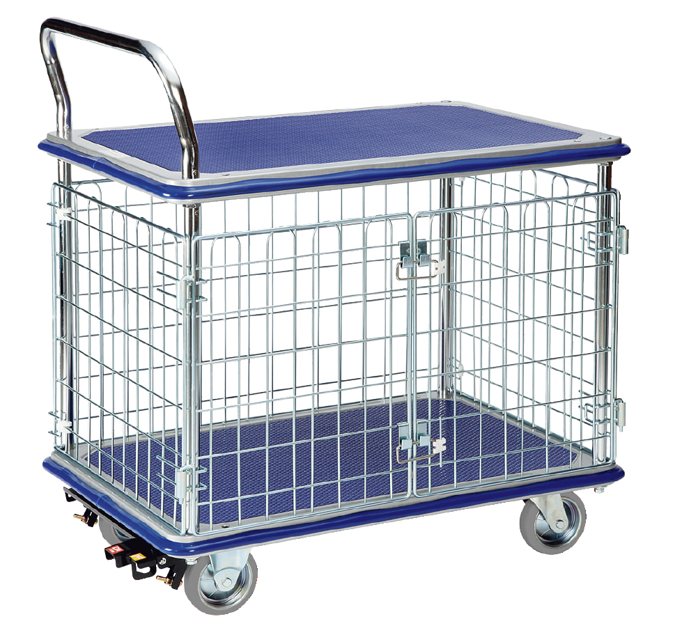 スチール２段式観音扉金網付ワゴン台車(大)NS-304NK　荷台寸法Ｗ910ｘＤ610【エヌケーキャリーキャスター製】