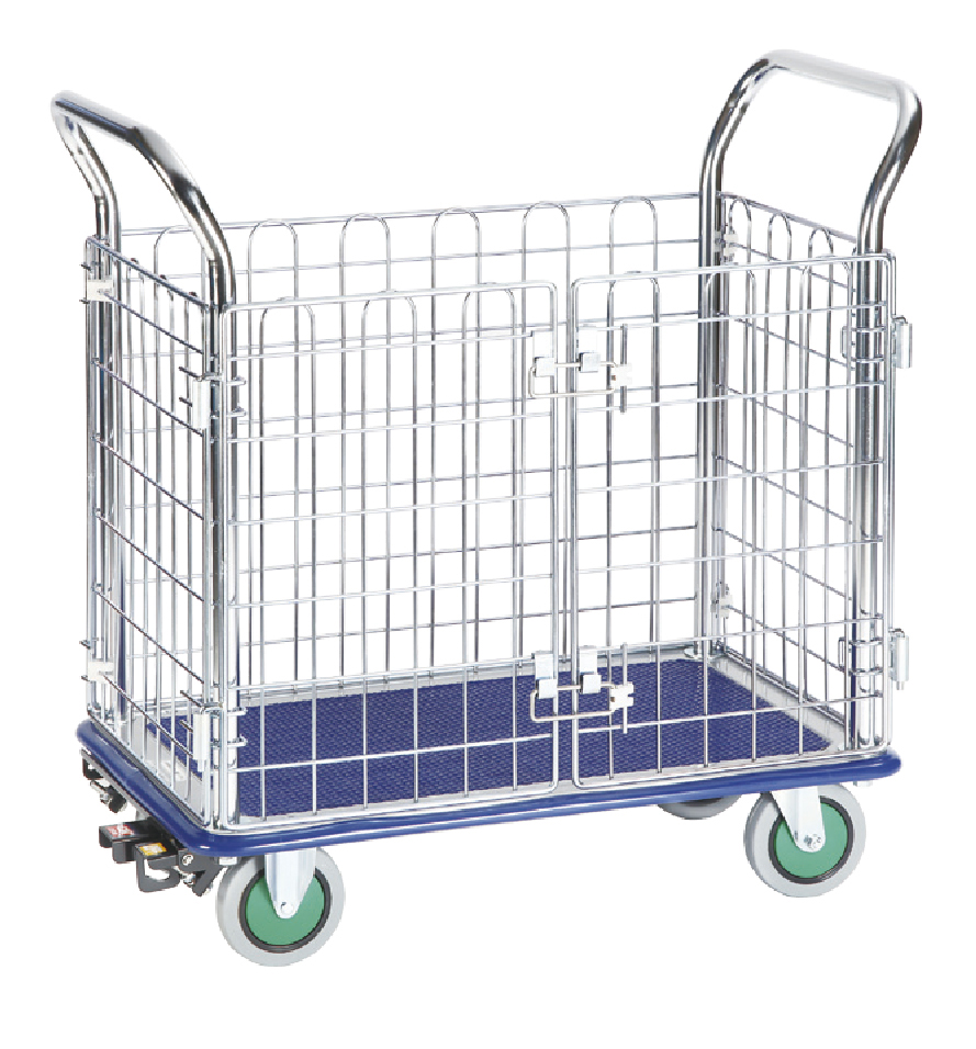 観音扉型金網台車(小)しずかるスーパーNK-107K　荷台寸法Ｗ７３８ｘＤ４７８【エヌケーキャリーキャスター製】