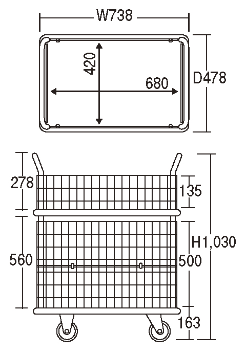 両面Wゲート金網付スチール2段式ワゴン台車(小)しずかるスーパー