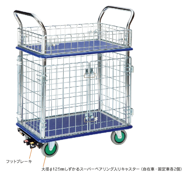 観音扉付スチール２段式ワゴン台車(小)しずかるスーパーNS105NNK(W738xD478xH1030)【エヌケーキャリーキャスター製】