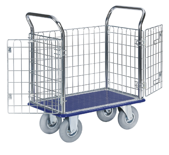 空気タイヤ付観音扉型金網台車(小)NK107K-AR　荷台寸法Ｗ７３８ｘＤ４７８【エヌケーキャリーキャスター製】