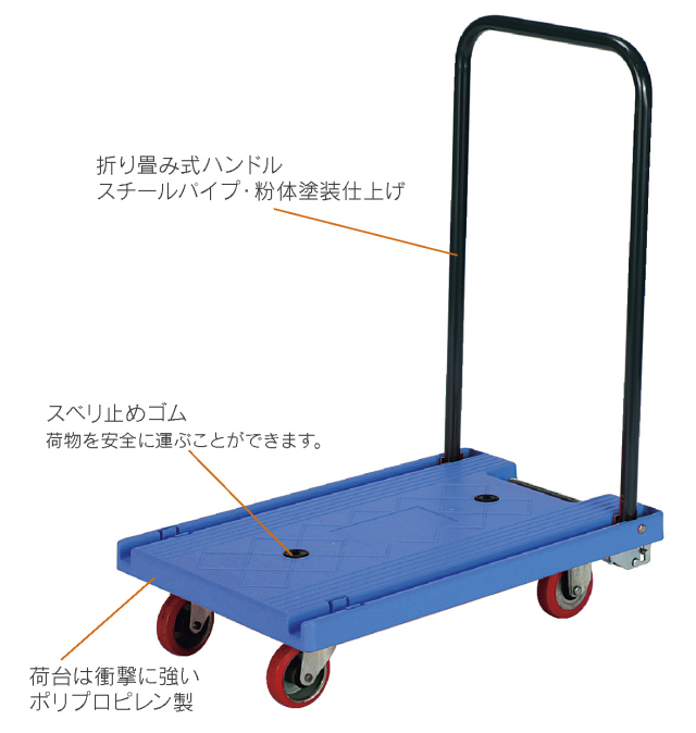 丈夫で軽く静かなプラ折畳ハンドル台車ミニプラM(小)【エヌケーキャリーキャスター製】