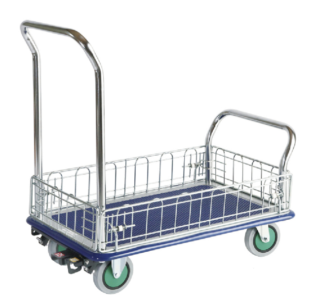 こぼれやすい荷物も安全に運搬する金網付台車です.しずかるスーパーNS102N荷台寸法Ｗ７３８ｘＤ４７８【エヌケーキャリーキャスター製】