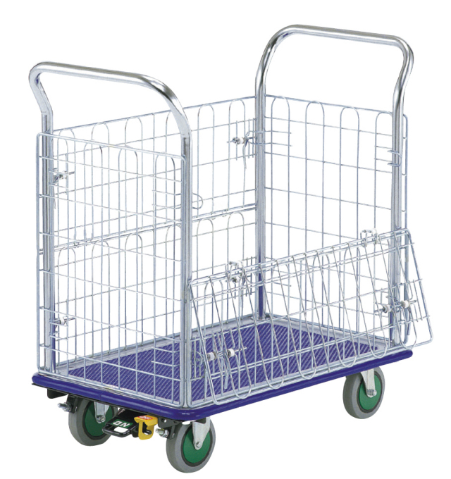 両面開閉型金網台車(小)しずかるスーパーNK-107S　荷台寸法Ｗ７３８ｘＤ４７８【エヌケーキャリーキャスター製】