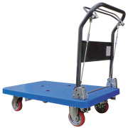 ストッパーのかけ忘れの無いハンドストッパー付プラ台車(取手折畳)(大)PＲ301HB　荷台寸法Ｗ９００ｘＤ６００【エヌケーキャリーキャスター製】