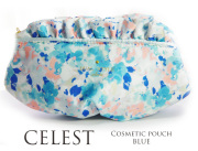 170409コスメポーチ 化粧ポーチ 花柄　水彩フラワー Celesteセレスト フリル付コスメポーチ　ブルー