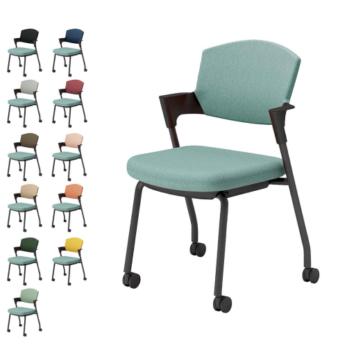 コクヨ プロッティチェア キャスター 背座クッション 肘付き ブラック塗装脚 布 座/アッシュターコイズ K17-B22CW-39/K17-B22CG-39