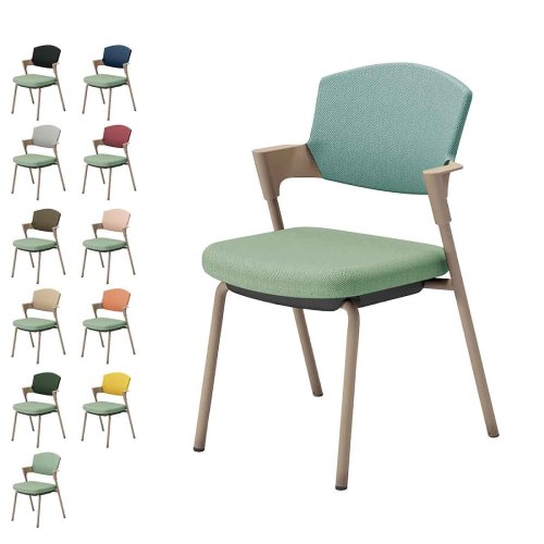 コクヨ プロッティチェア ミーティングチェア 固定脚 背座クッション 肘付き ベージュ塗装脚 布 座/オパールグリーン K17-Z02CZ-2J