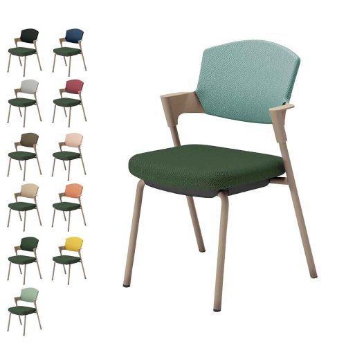 コクヨ プロッティチェア ミーティングチェア 固定脚 背座クッション 肘付き ベージュ塗装脚 布 座/ディープグリーン K17-Z02CZ-Q6