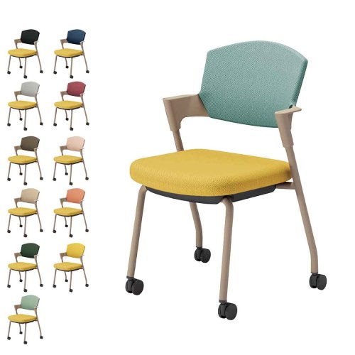 コクヨ プロッティチェア キャスター 背座クッション 肘付き ベージュ塗装脚 布 座/オリーブイエロー K17-Z22CW-1S/K17-Z22CG-1S