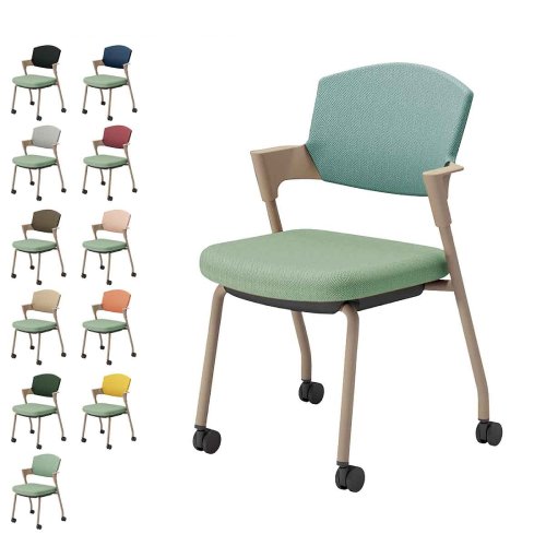 コクヨ プロッティチェア キャスター 背座クッション 肘付き ベージュ塗装脚 布 座/オパールグリーン K17-Z22CW-2J/K17-Z22CG-2J