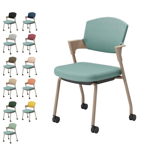 コクヨ プロッティチェア キャスター 背座クッション 肘付き ベージュ塗装脚 布 座/アッシュターコイズ K17-Z22CW-39/K17-Z22CG-39