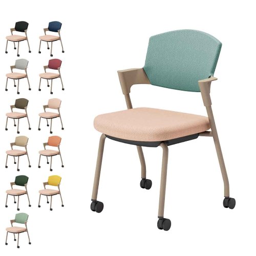 コクヨ プロッティチェア キャスター 背座クッション 肘付き ベージュ塗装脚 布 座/アッシュピンク K17-Z22CW-9G/K17-Z22CG-9G