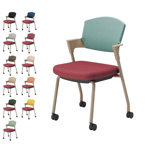 コクヨ プロッティチェア キャスター 背座クッション 肘付き ベージュ塗装脚 布 座/パーシアンレッド K17-Z22CW-AG/K17-Z22CG-AG