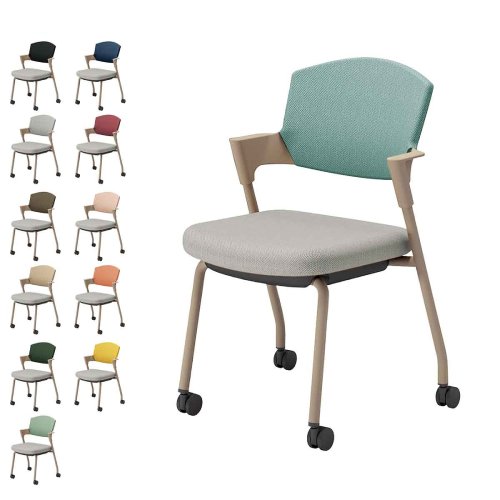 コクヨ プロッティチェア キャスター 背座クッション 肘付き ベージュ塗装脚 布 座/ライトグレー K17-Z22CW-E2/K17-Z22CG-E2