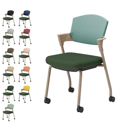 コクヨ プロッティチェア キャスター 背座クッション 肘付き ベージュ塗装脚 布 座/ディープグリーン K17-Z22CW-Q6/K17-Z22CG-Q6