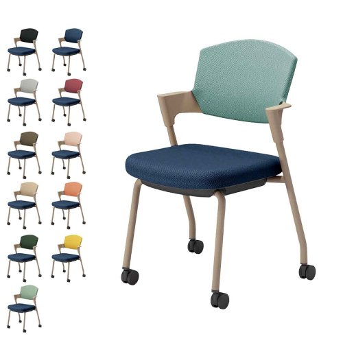 コクヨ プロッティチェア キャスター 背座クッション 肘付き ベージュ塗装脚 布 座/ネイビー K17-Z22CW-T7/K17-Z22CG-T7