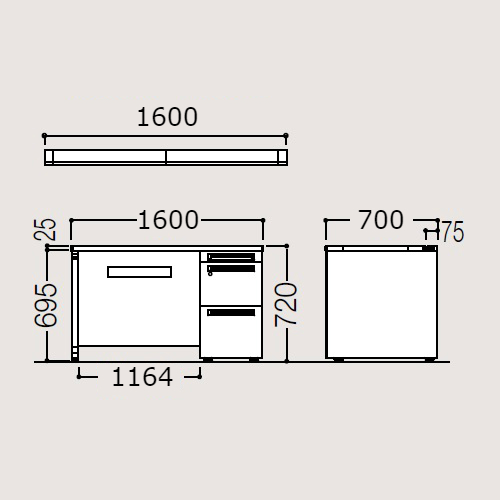 オカムラ アドバンス 片袖デスク W1600×D700×H720 3段袖 中央引出無 3V17AF-MK/3V19AF-MK