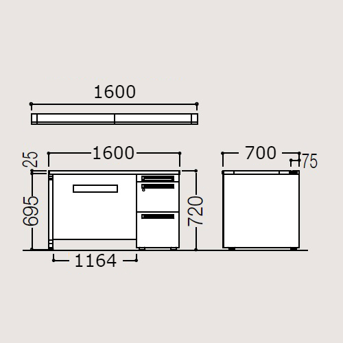 オカムラ アドバンス 片袖デスク W1600×D700×H720 3段袖 中央引出無 3V17EF-MK/3V19EF-MK