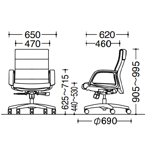 オカムラ シーイーチェア(CE) RZタイプ エグゼクティブチェア 革 ローバック 幕板なし固定肘 CE59RZ-P794 サイズ