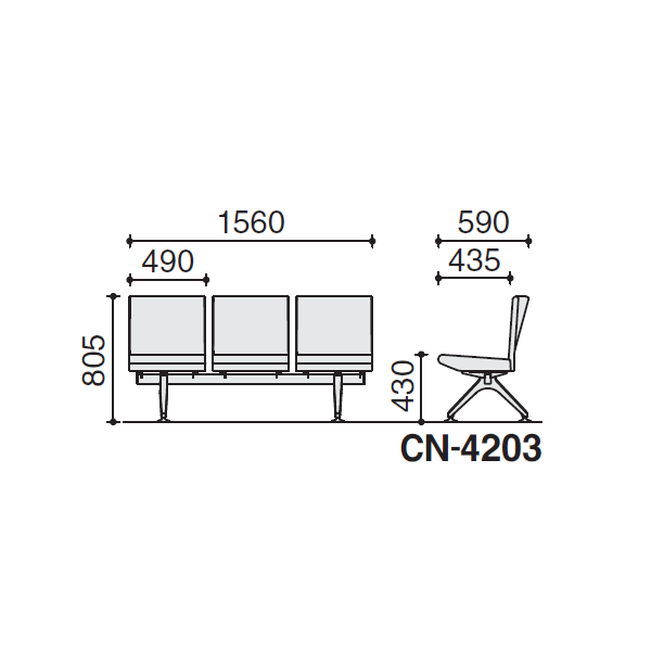 コクヨ コレッティ2 ロビーチェアー 3連アームレスチェアー W1560×D590×H805 CN-4203K4/CN-4203VZ