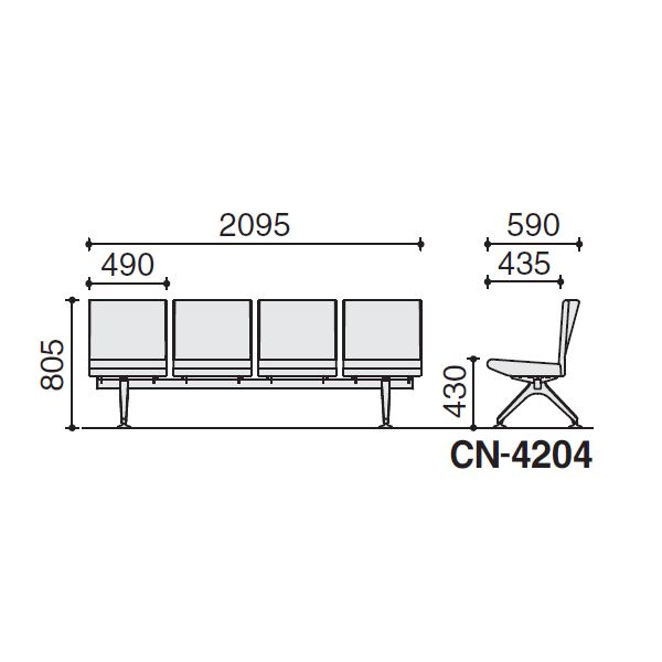 コクヨ コレッティ2 ロビーチェアー 4連アームレスチェアー W2095×D590×H805 CN-4204K4/CN-4204VZ