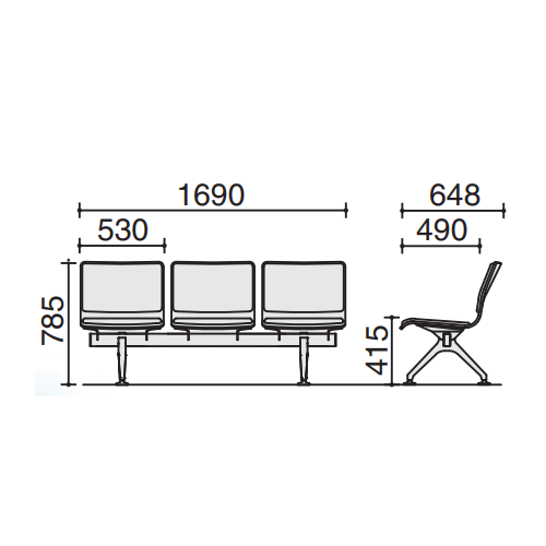 コクヨ 7700シリーズ ロビーチェアー 3人用 布張 W1690×D648×H785 CN-7703HC/CN-7703VZ サイズ 寸法