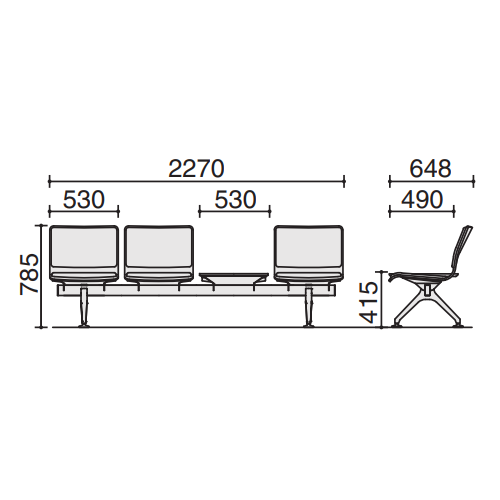 コクヨ 7700シリーズ ロビーチェアー3人用テーブル付 布張/ビニールレザー張 W2270D648H785 CN-7704T サイズ 寸法
