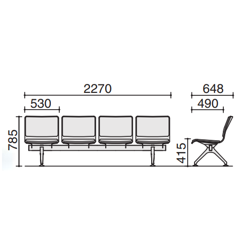 コクヨ 7700シリーズ ロビーチェアー 4人用 布張 W2270×D648×H785 CN-7704HC/CN-7704VZ サイズ 寸法