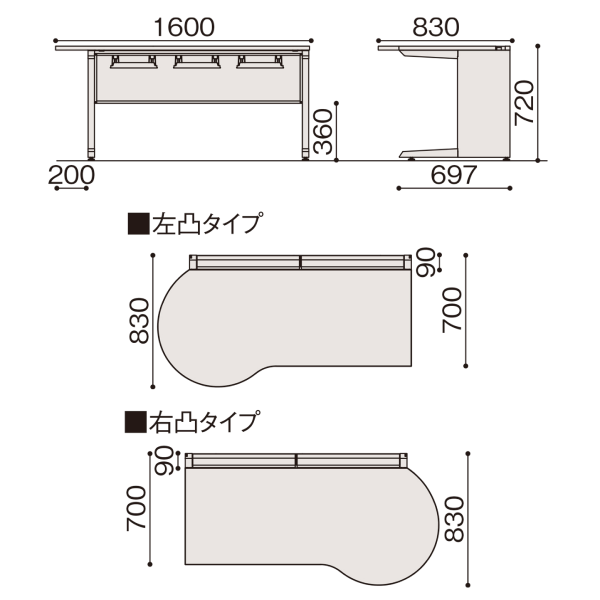 イトーキ メディワーク HS 診察デスク 片アールラウンド 木製天板 W1600×D830×H720 JHS-168FR/FL 寸法 サイズ