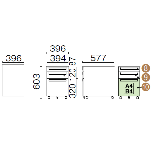 プラス US-1/US-2/US-1S/US-W サイドキャビネット ワゴン 3段 US-046SC-B3 W396×D577×H603 779-418