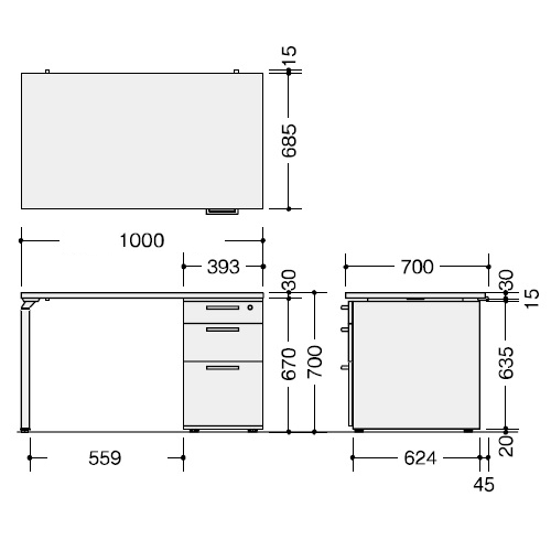 ナイキ ウエイク(テーブルシステムWK型) 片袖テーブル W1000×D700×H700 シリンダー錠 WK107B-SVH/WK107B-SVS