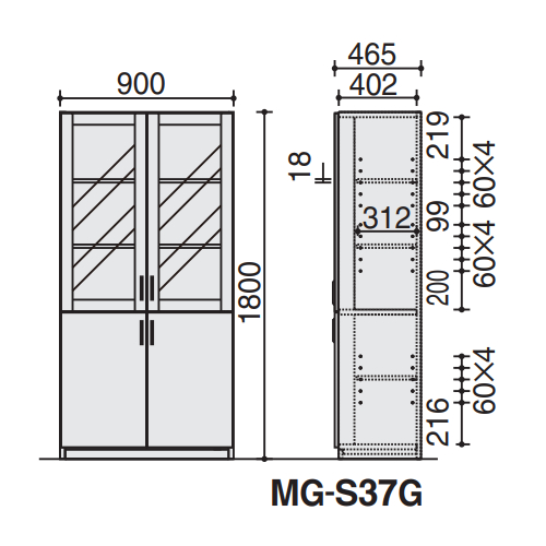 コクヨ 役員室用家具 マネージメント S370シリーズ 両開き書棚 ガラス扉タイプ W900×D465×H1800 MG-S37G サイズ